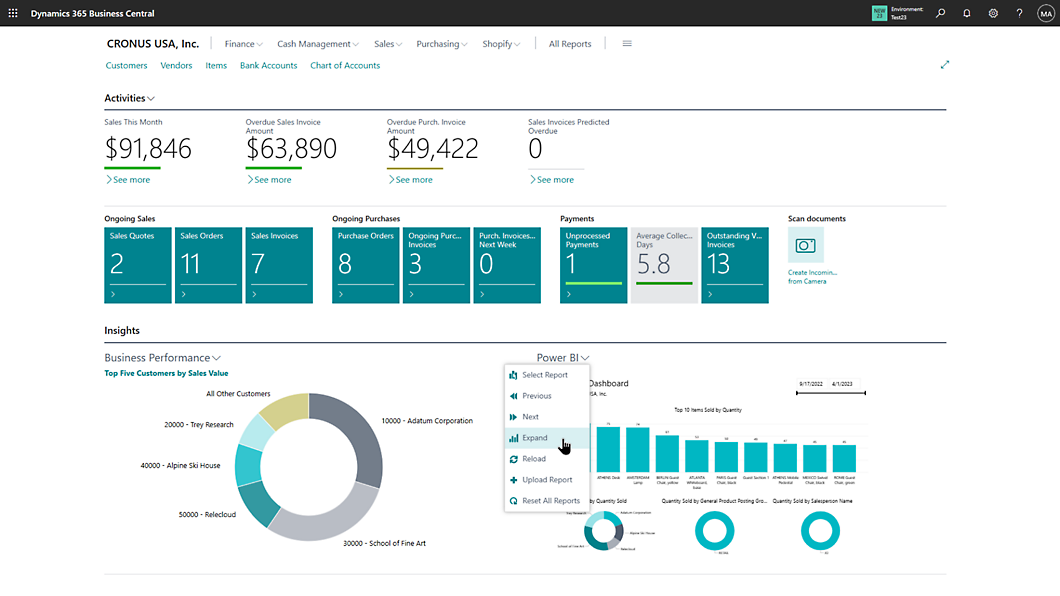 Tela oficial Microsoft de relatórios e análise de dados do Business Central